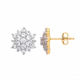 9ct Gold CZ Cluster Flower Stud Earrings