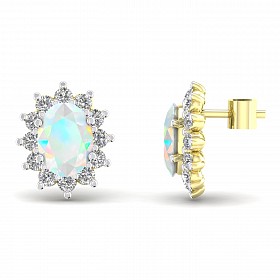 9CT Yellow Gold Cubic Zirconia Clawset Studs With White Opal Stone Centre