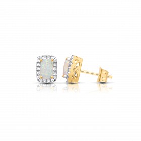 9CT Y/G CZ Clawset Studs With Emerald Cut Opal Stone Centre