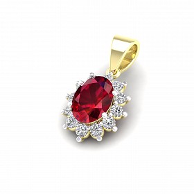 9ct Yellow Gold Cubic Zirconia Cluster Pendant With A Oval Ruby  Stone Centre