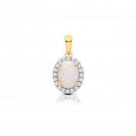9CT Y/G CZ Cluster Pendant With A Oval White Opal Centre