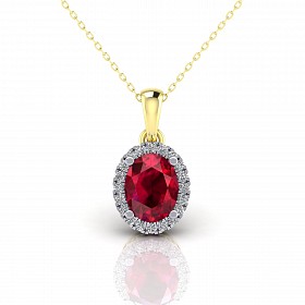 9CT Y/G CZ Cluster Pendant With A Oval Ruby  Stone Centre