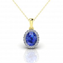 9CT Y/G CZ Cluster Pendant With A Oval Sapphire Stone Centre