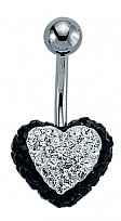 Heart Shaped Black and White Crystal Navel Bar with Stainless Steel Banana Pin