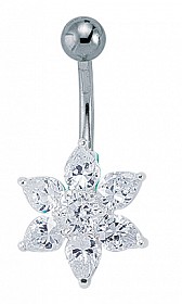 925 Sterling Silver CZ Flower Naval Bar with Stainless Steel Banana Pin