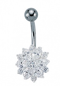 925 Sterling Silver CZ Cluster Naval Bar with Stainless Steel Banana Pin