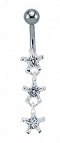 925 Sterling Silver CZ Three Star Drop Naval Bar with Stainless Steel Banana Pin