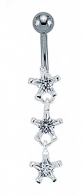 925 Sterling Silver CZ Three Star Drop Naval Bar with Stainless Steel Banana Pin