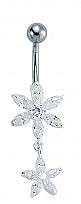 925 Sterling Silver CZ Flower Drop Naval Bar with Stainless Steel Banana Pin
