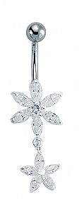 925 Sterling Silver CZ Flower Drop Naval Bar with Stainless Steel Banana Pin