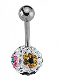 Multicoloured Flowerd Crystal 9mm Ball Navel Bar with Stainless Steel Banana Pin