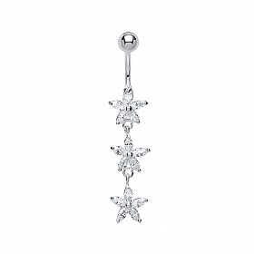 925 Sterling Silver Cubic Zirconia Flower Drop Navel Bar