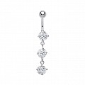 925 Sterling Silver Cubic Zirconia 3 Round Stone Drop Navel Bar