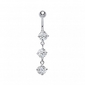 925 Sterling Silver Cubic Zirconia 3 Round Stone Drop Navel Bar
