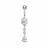 925 Sterling Silver Cubic Zirconia Round & Pear Drop Navel Bar