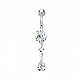 925 Sterling Silver Cubic Zirconia Round & Pear Drop Navel Bar