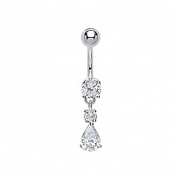 925 Sterling Silver Cubic Zirconia Round & Pear Drop Navel Bar