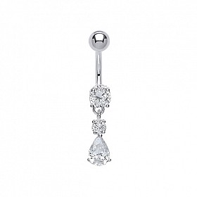 925 Sterling Silver Cubic Zirconia Round & Pear Drop Navel Bar