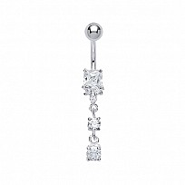 925 Sterling Silver Cubic Zirconia Square & Round Stone Drop Navel Bar