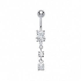 925 Sterling Silver Cubic Zirconia Square & Round Stone Drop Navel Bar