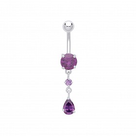 Stainless Steel Amethyst Cubic Zirconia Drop Navel Belly Bar