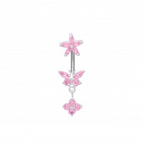 Stainless Steel Pink Cubic Zirconia Butterfly & Star Drop Navel Belly Bar