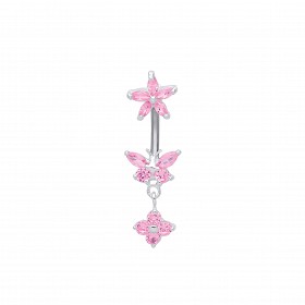 Stainless Steel Pink Cubic Zirconia Butterfly & Star Drop Navel Belly Bar