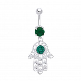 Stainless Steel Hamsa Evil Eye with Emerald Crystals and Cubic Zirconia