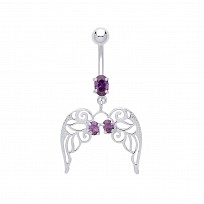 Stainless Steel Amethyst Cubic Zirconia Angel Wings Drop Navel Belly Bar