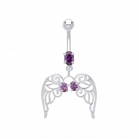 Stainless Steel Amethyst Cubic Zirconia Angel Wings Drop Navel Belly Bar