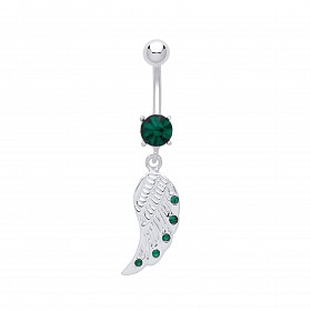 Stainless Steel Emerald Cubic Zirconia Wing Drop Navel Belly Bar