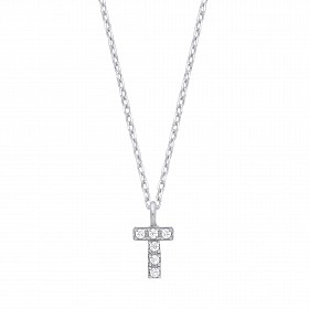 Silver CZ Initial 'T' Pendant With A Fine Belcher Chain
