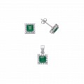 925 Sterling Silver CZ & Emerald Square Earring & Pendant Set