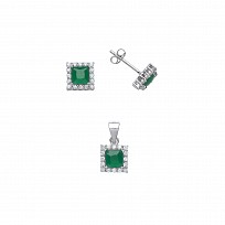 925 Sterling Silver CZ & Emerald Square Earring & Pendant Set