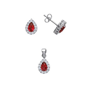 925 Sterling Silver CZ & Ruby Teardrop Earring & Pendant Set