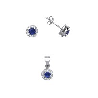 925 Sterling Silver CZ & Sapphire Round Earring Stud & Pendant Set