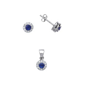 925 Sterling Silver CZ & Sapphire Round Earring Stud & Pendant Set