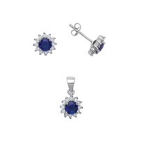 925 Sterling Silver CZ & Sapphire Cluster Earring Stud & Pendant Set