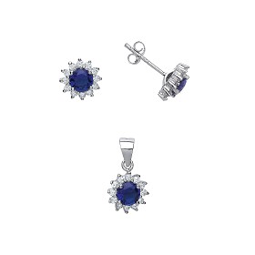 925 Sterling Silver CZ & Sapphire Cluster Earring Stud & Pendant Set