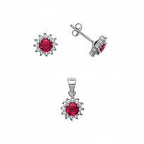 925 Sterling Silver CZ & Ruby Cluster Earring Stud & Pendant Set