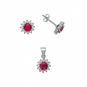 925 Sterling Silver CZ & Ruby Cluster Earring Stud & Pendant Set