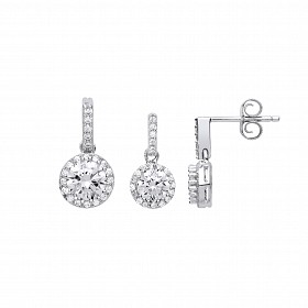925 Sterling Silver CZ Round Fancy Drop Earrings & Pendant Set