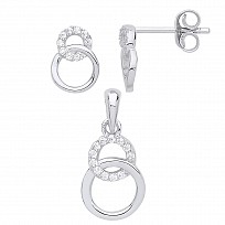 925 Sterling Silver CZ Interlocking Double Circle Earring & Pendant Set