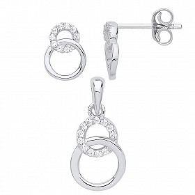 925 Sterling Silver CZ Interlocking Double Circle Earring & Pendant Set