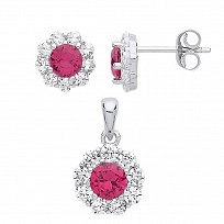 925 Sterling Silver CZ & Ruby Flower Earring & Pendant Set