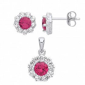 925 Sterling Silver CZ & Ruby Flower Earring & Pendant Set