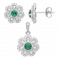 925 Sterling Silver CZ & Emerald Flower Earring & Pendant Set