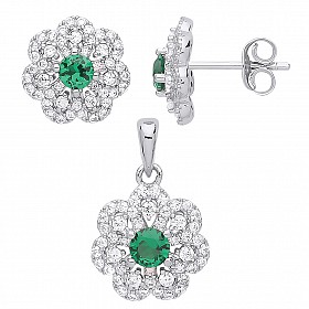 925 Sterling Silver CZ & Emerald Flower Earring & Pendant Set