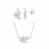 925 Sterling Silver Rhodium Plated Colourless Cubic Zirconia Leaf Earring & Pendant Necklace Set