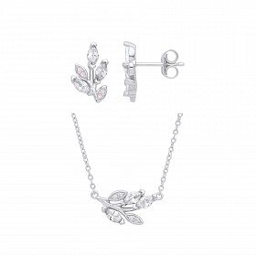 925 Sterling Silver Rhodium Plated Colourless Cubic Zirconia Leaf Earring & Pendant Necklace Set